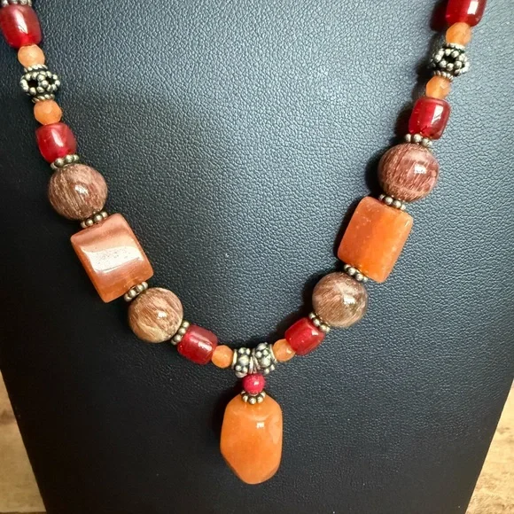 Bohemian Orange and Red Beaded Necklace - Picture 1 of 13